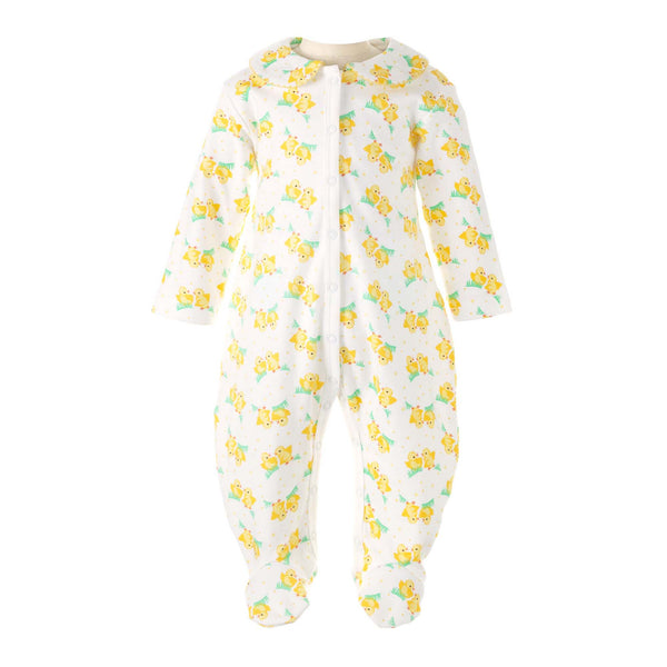 Soft cotton white babygro with yellow chicks print and peter pan collar trimmed with yellow picot.