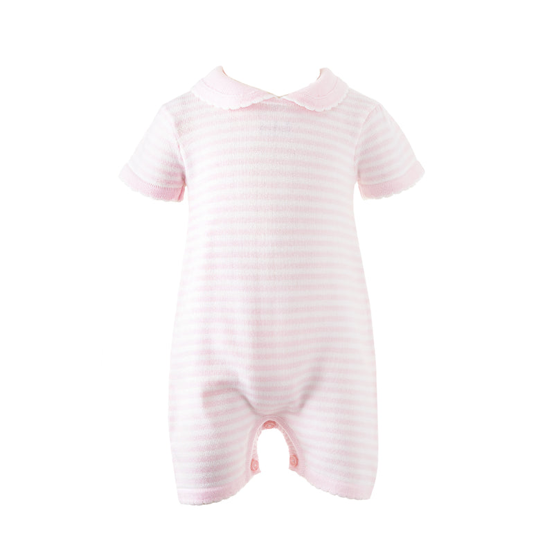 Pink and ivory stripe knitted babysuit with ivory scalloped collar and short sleeves.