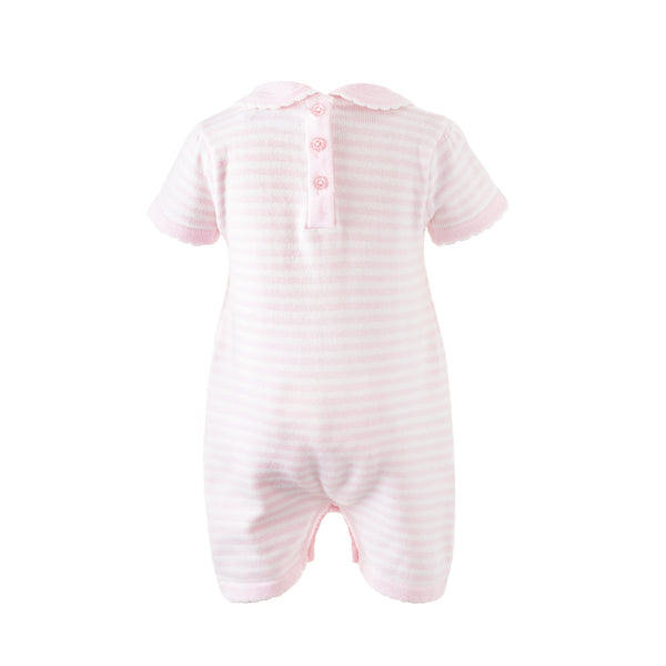 Pink and ivory stripe knitted babysuit with ivory scalloped collar and short sleeves.