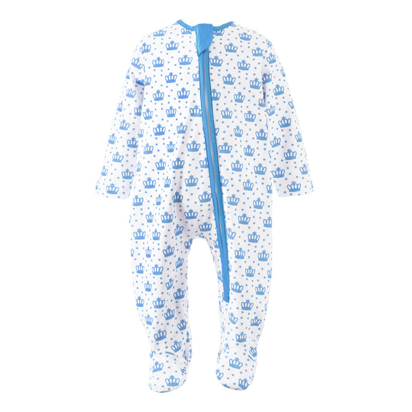 Soft cotton babygro with blue polka dot crown print and zip fastening with matching blue trim.
