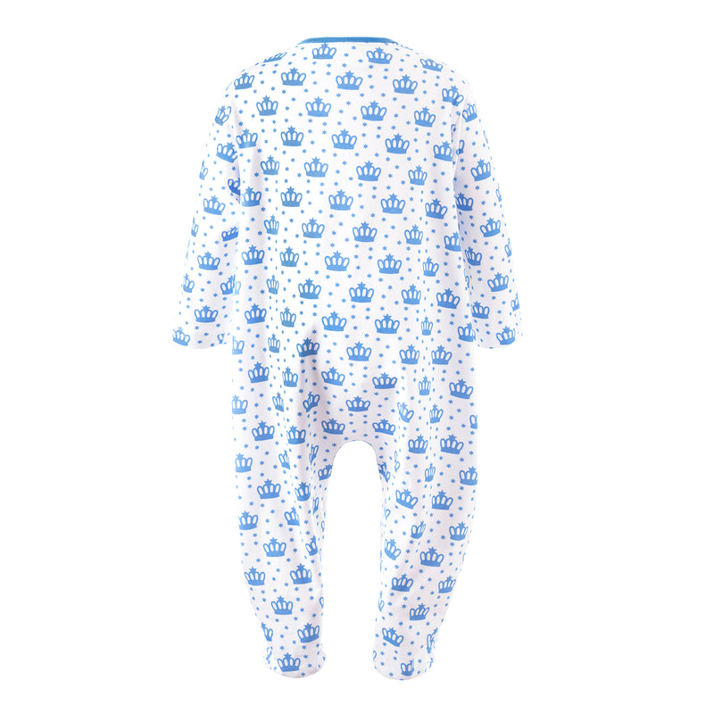 Soft cotton babygro with blue polka dot crown print and zip fastening with matching blue trim.