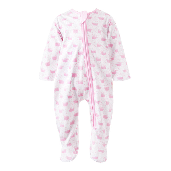 Soft cotton babygro with pink polka dot crown print and zip fastening with matching pink trim.