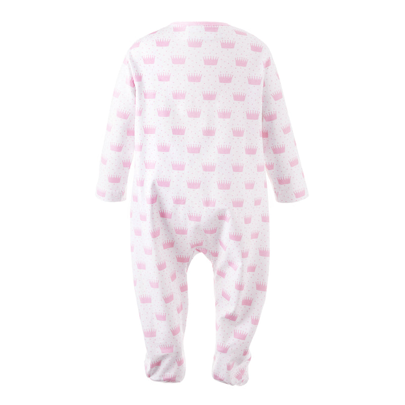Soft cotton babygro with pink polka dot crown print and zip fastening with matching pink trim.
