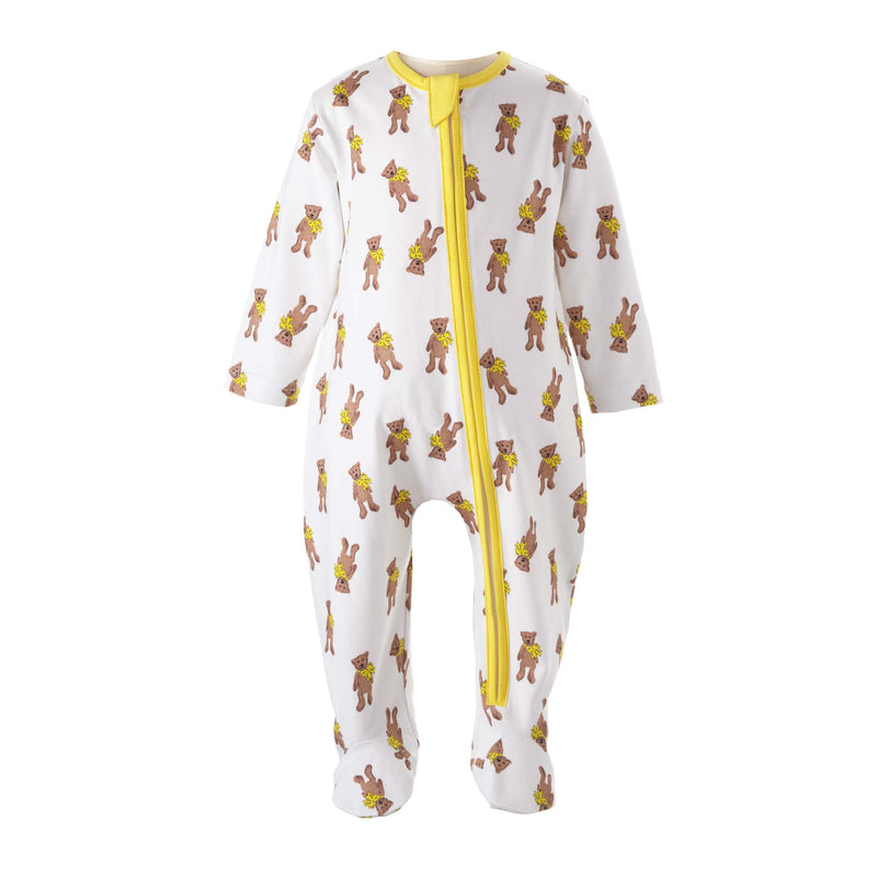 Soft cotton babygro with brown teddy print on ivory and yellow zip fastening.
