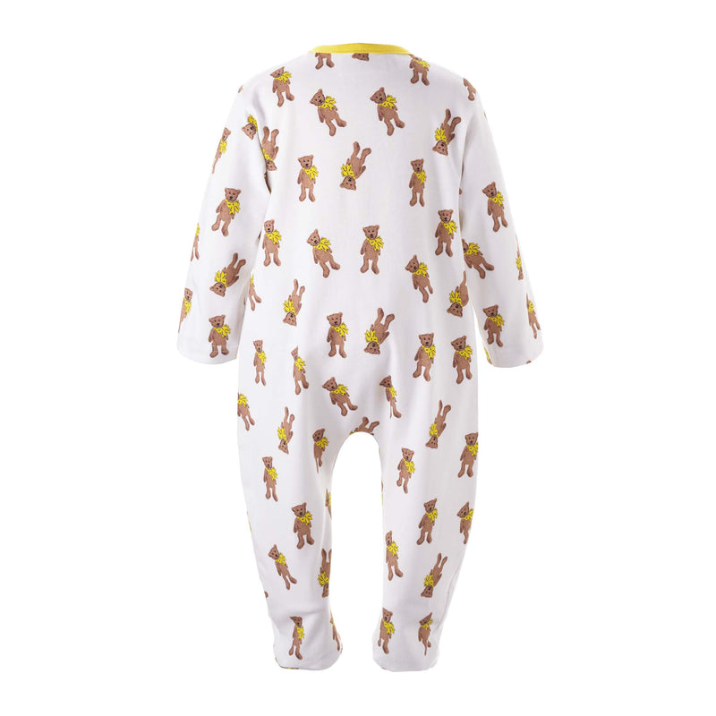 Soft cotton babygro with brown teddy print on ivory and yellow zip fastening.