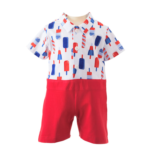 Baby boy short sleeved romper with ice lolly print on top, button on chest and red shorts.