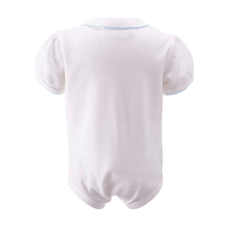 Blue picot trim collar shirt with white jersey body, short sleeves, opening at front and bottom snaps