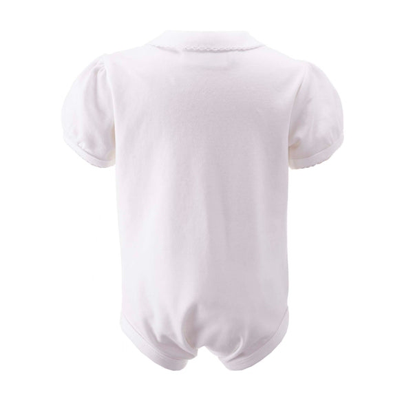 Ivory picot trim collar shirt with white jersey body, short sleeves, opening at front and bottom snaps