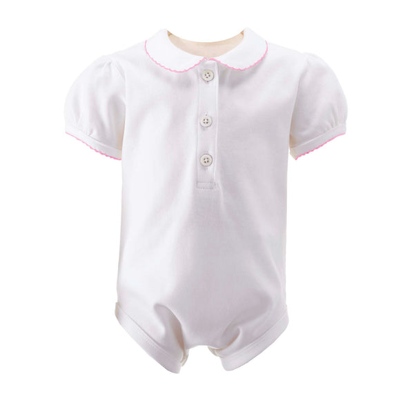 Pink picot trim collar shirt with white jersey body, short sleeves, opening at front and bottom snaps