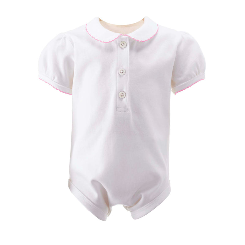Pink picot trim collar shirt with white jersey body, short sleeves, opening at front and bottom snaps