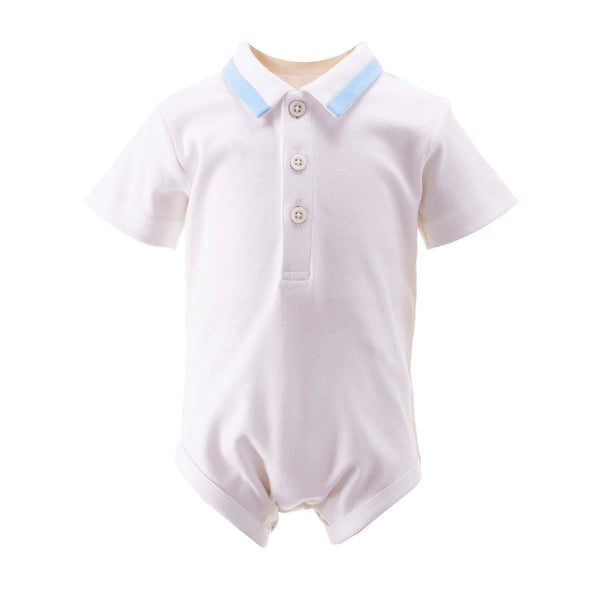 Baby boys white shirt with jersey body, blue ribbon trim on collar and button opening at the front.