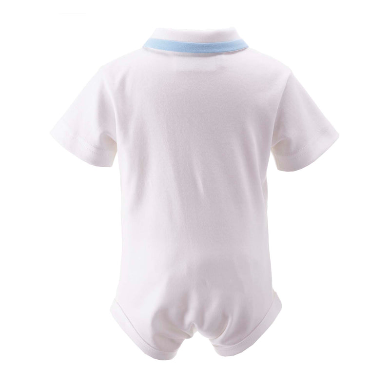 Baby boys white shirt with jersey body, blue ribbon trim on collar and button opening at the front.