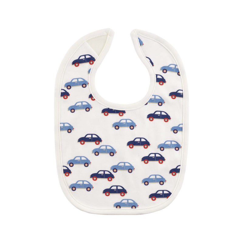 Soft jersey white bib with blue toy car print and velcro closure.