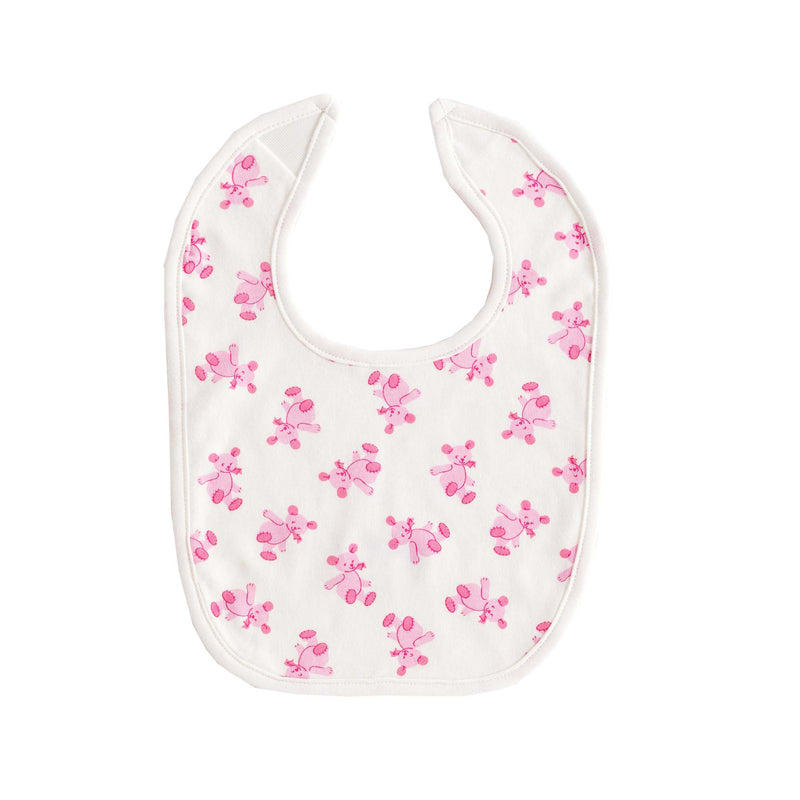 Soft jersey white bib with pink teddy print and velcro closure.