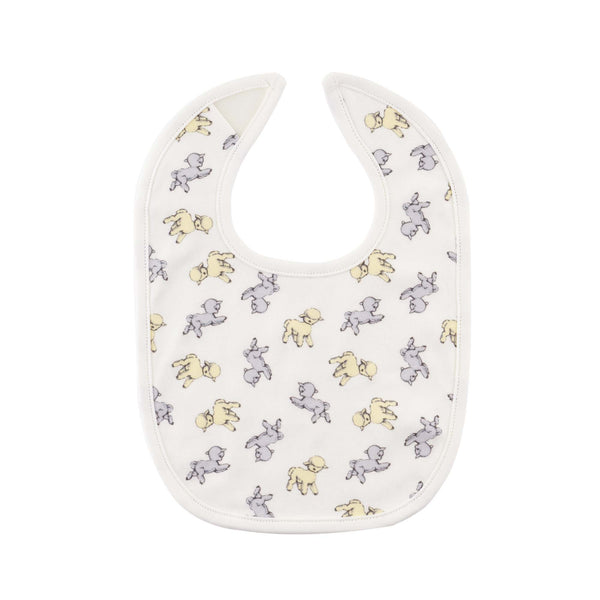 Soft jersey white bib with grey and yellow lambs print and velcro closure.