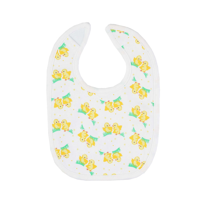 Soft jersey white bib with yellow chicks print and velcro closure.