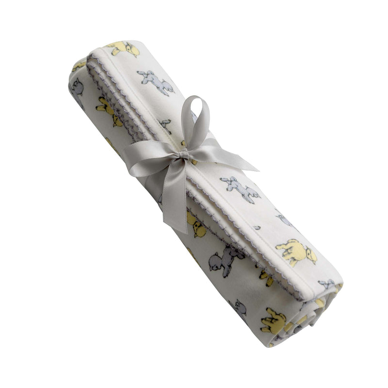 Soft cotton interlock blanket with grey and yellow lambs print on ivory base, with grey picot trim.