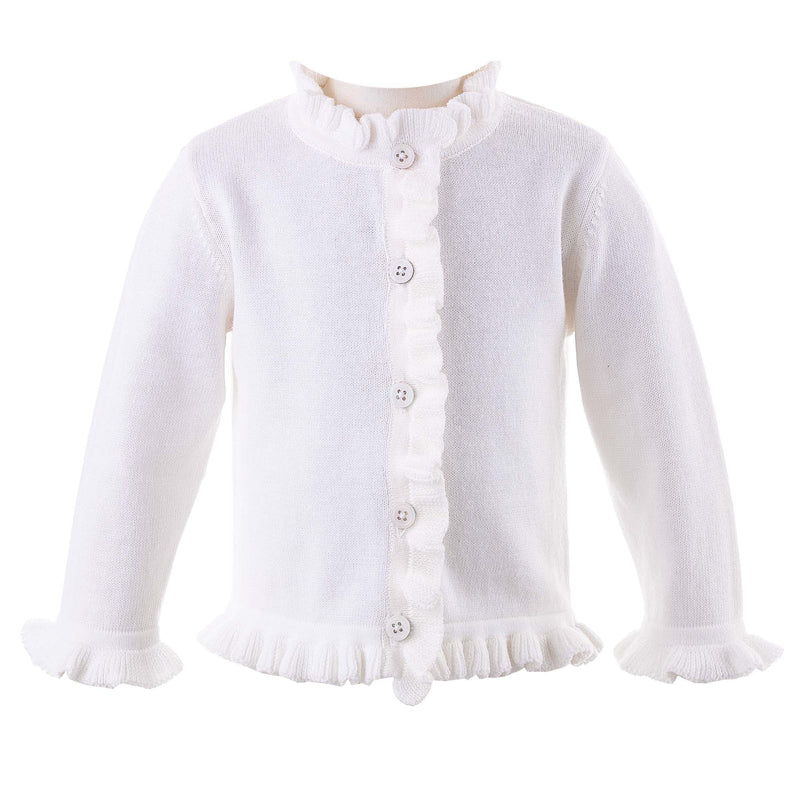 Baby girls ivory cotton cardigan with frill at the front, neck, hem and cuffs and jewel buttons.