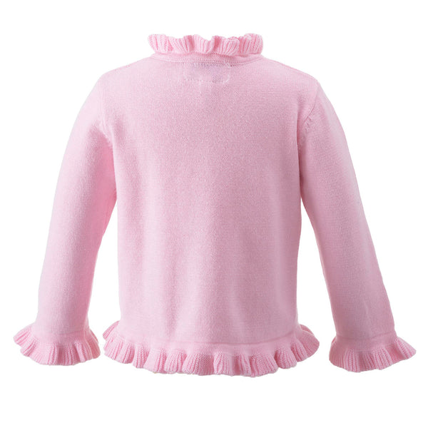 Baby girls pink cotton cardigan with frill at the front, neck, hem and cuffs and jewel buttons.