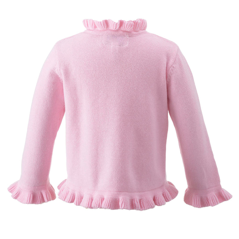 Baby girls pink cotton cardigan with frill at the front, neck, hem and cuffs and jewel buttons.