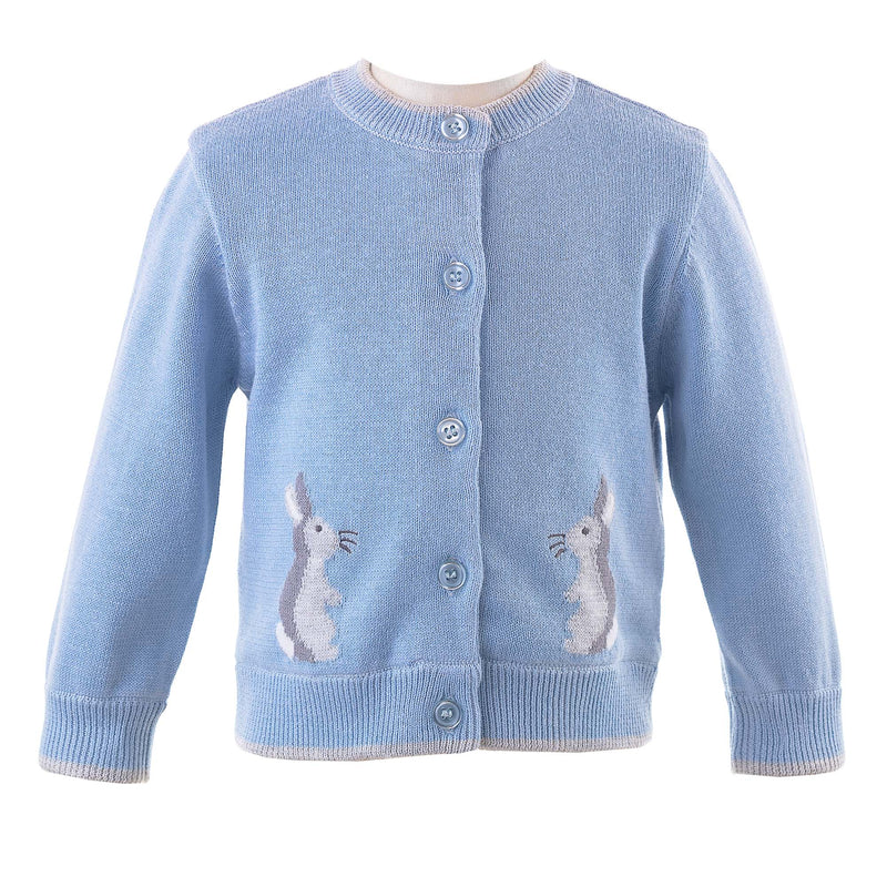 Baby cotton cardigan in blue with grey bunnies intarsia design and grey tipping.