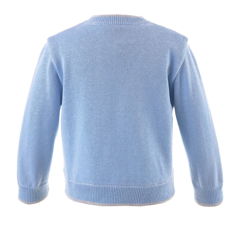Baby cotton cardigan in blue with grey bunnies intarsia design and grey tipping.