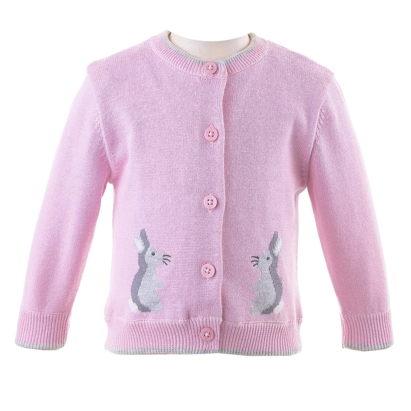 Baby cotton cardigan in pink with grey bunnies intarsia design and grey tipping.