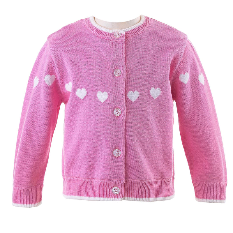 Baby girls pink cotton cardigan with ivory intarsia heart design across the chest, sleeves and back.