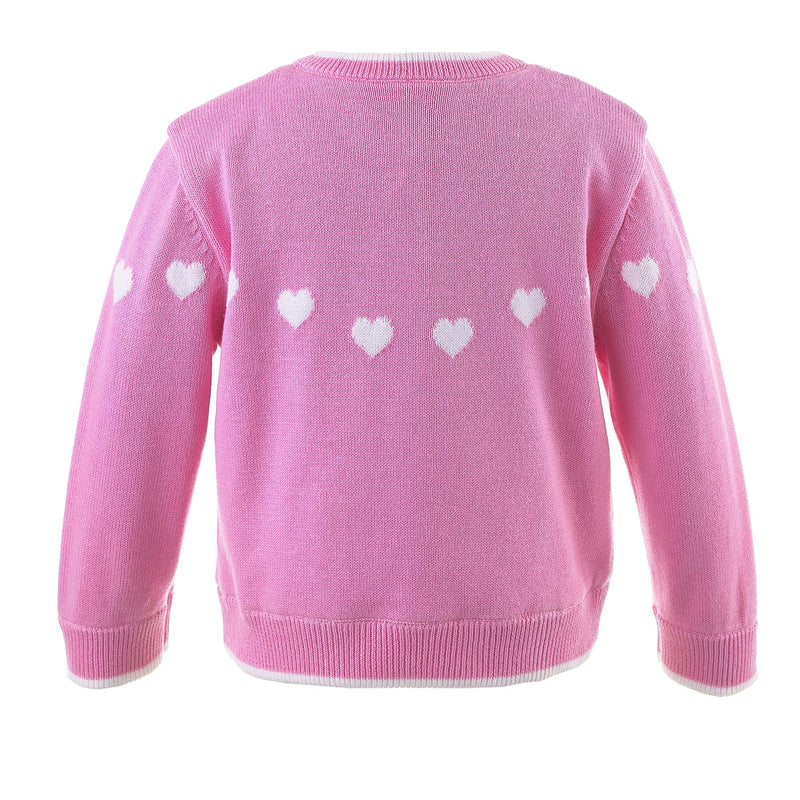 Baby girls pink cotton cardigan with ivory intarsia heart design across the chest, sleeves and back.