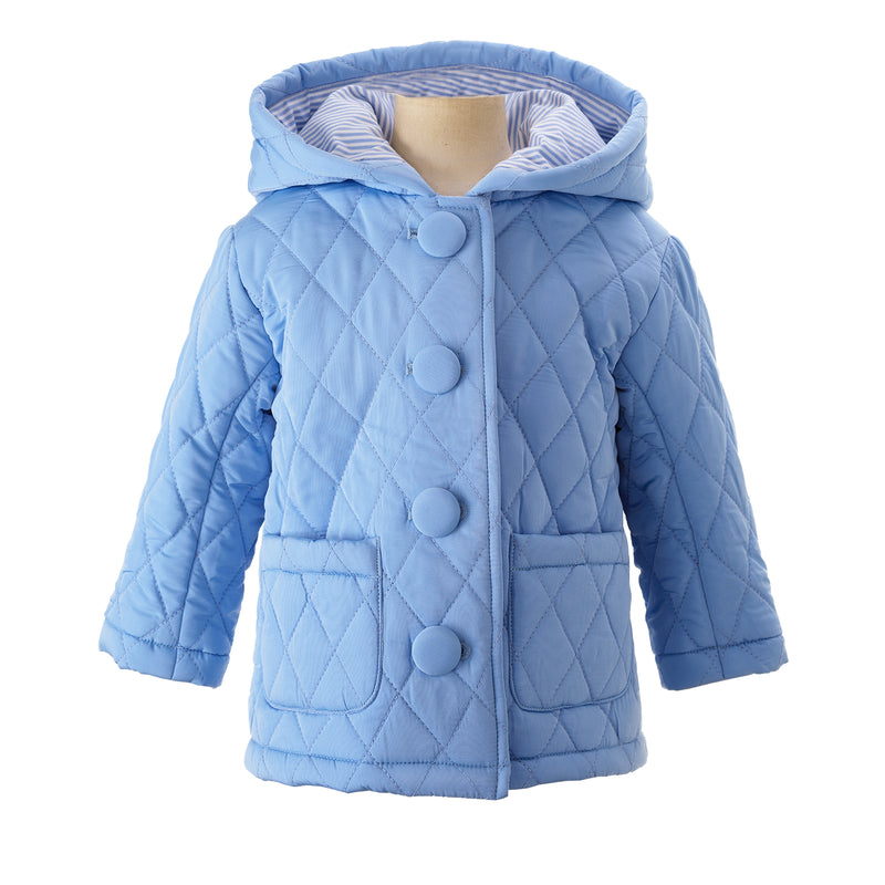 Children's blue quilted jacket with hood, patch pocket on the front and striped blue lining.