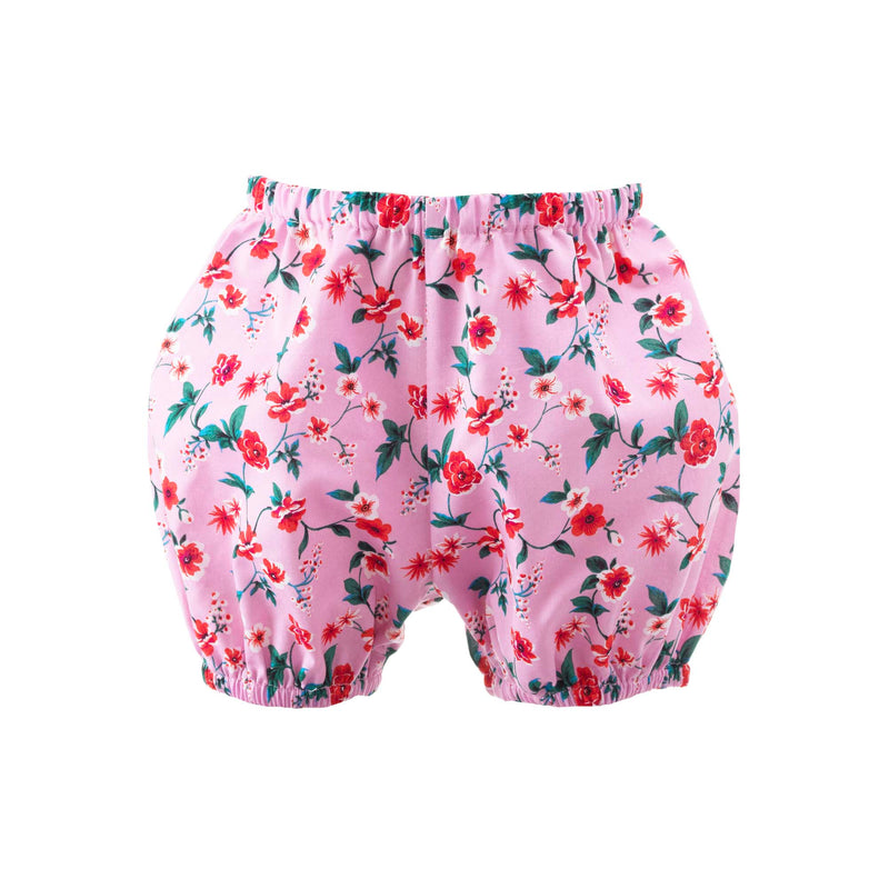 Bloomers with pink botanical print to match botanical button-front dress.