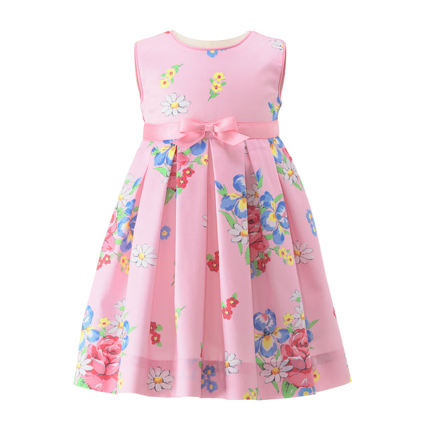 Babies pleated sleeveless dress with bouquet print on pink base and pink ribbon and bow at waist.
