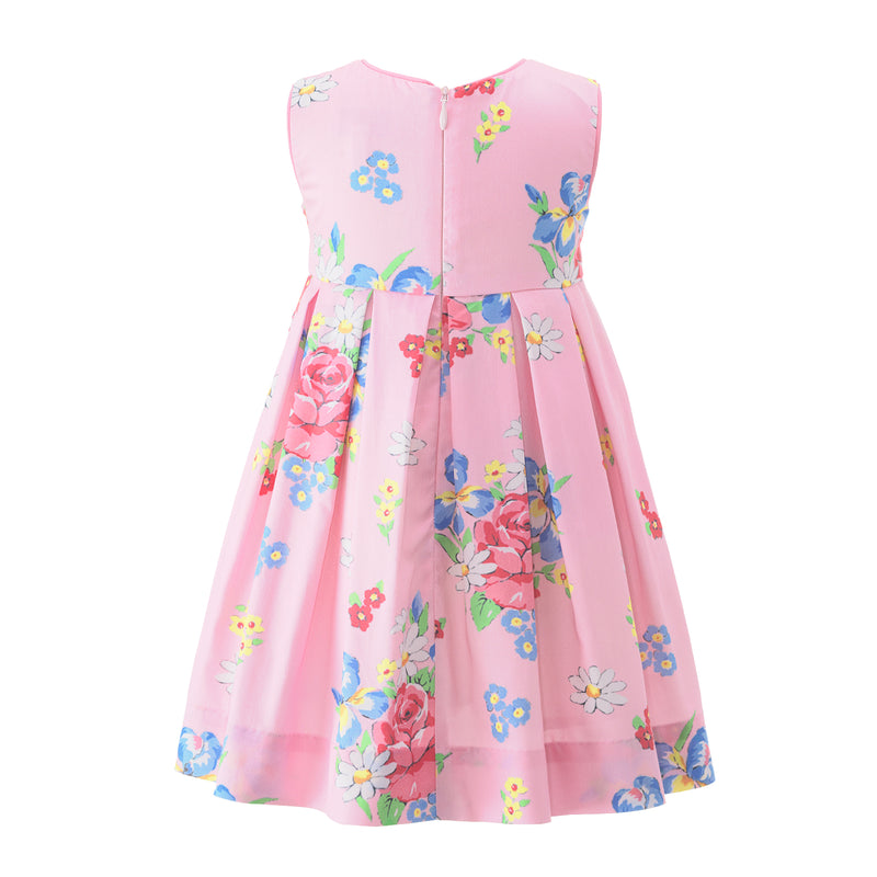 Babies pleated sleeveless dress with bouquet print on pink base and pink ribbon and bow at waist.