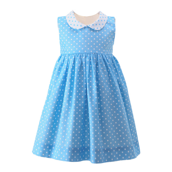 Babies blue polka dot print dress, sleeveless with contrasting peter pan collar and sash tie.