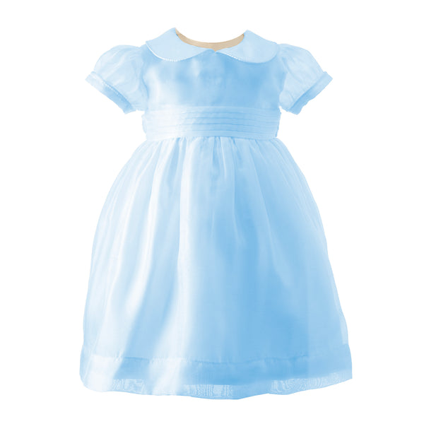 Babies blue organza dress with puff sleeves, gathered skirt and peter pan collar.