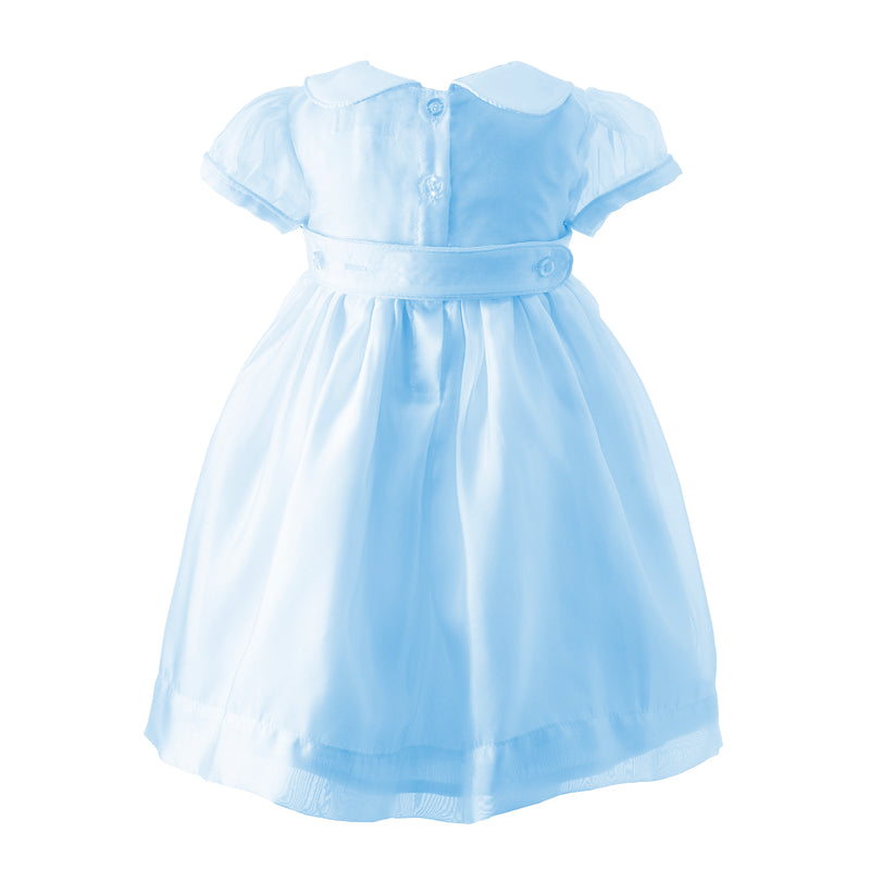 Babies blue organza dress with puff sleeves, gathered skirt and peter pan collar.