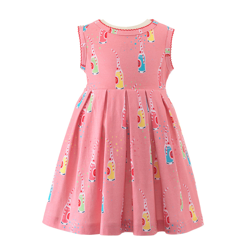 Babies pleated jersey dress with colourful soda pop print on pink base.