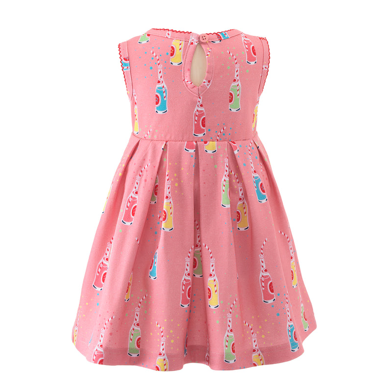 Babies pleated jersey dress with colourful soda pop print on pink base.