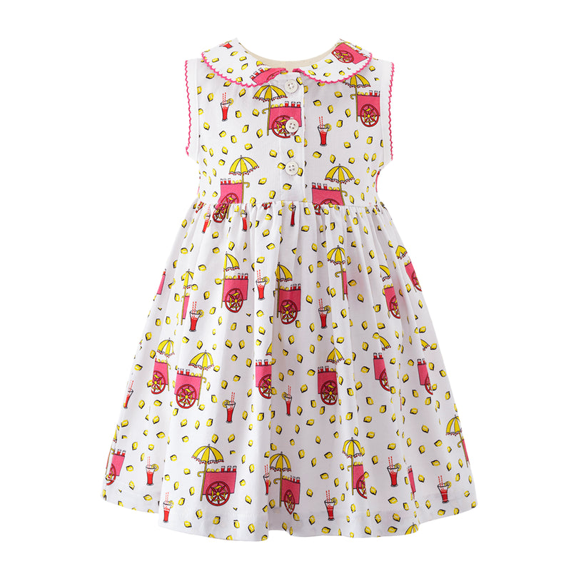 Baby white jersey lemonade stand print dress, half button placket and pink trimmed peter pan collar.