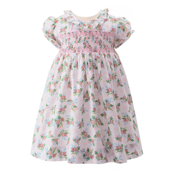 Babies posy floral print dress with smocked bodice, frill collar and puff sleeves.