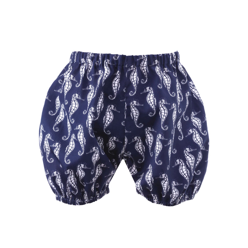 navy bloomers with seahorse print to compliment babies Seahorse Sundress