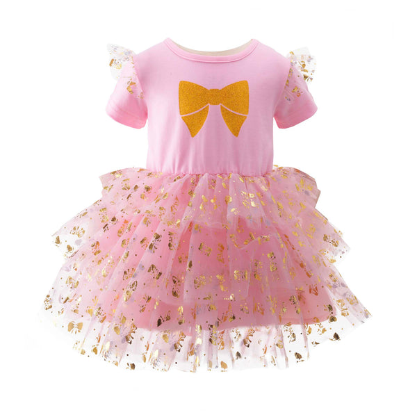 Baby pink bow tutu dress with jersey top, gold bow motif and tulle frill on sleeves.