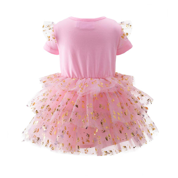 Baby pink bow tutu dress with jersey top, gold bow motif and tulle frill on sleeves.