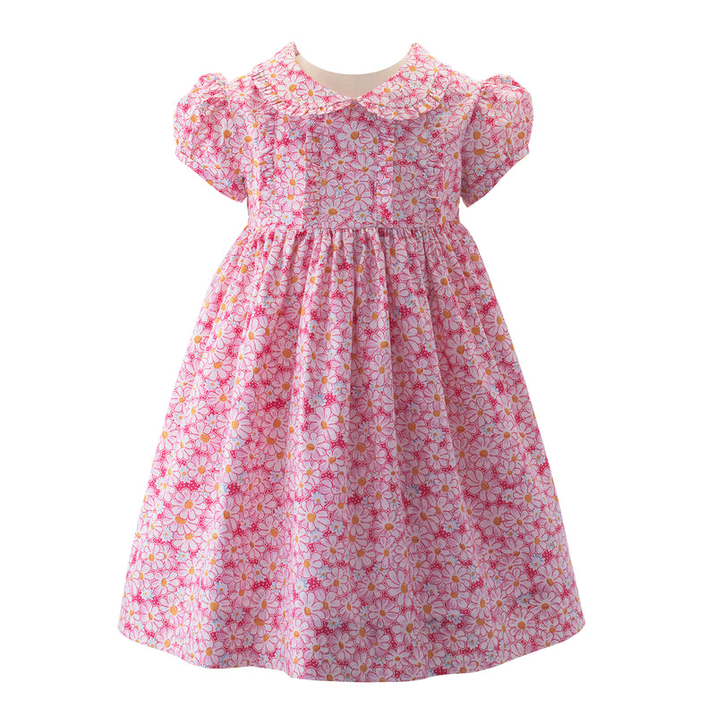 Babies pink floral print dress with frill on the bodice and collar, and puff sleeves.