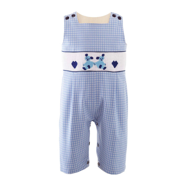 Babies blue checked romper with teddy bear smocked design at the chest.