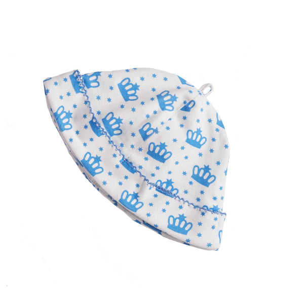Babies soft cotton jersey hat with blue polka dot crown print to match blue polka dot crown babygro.