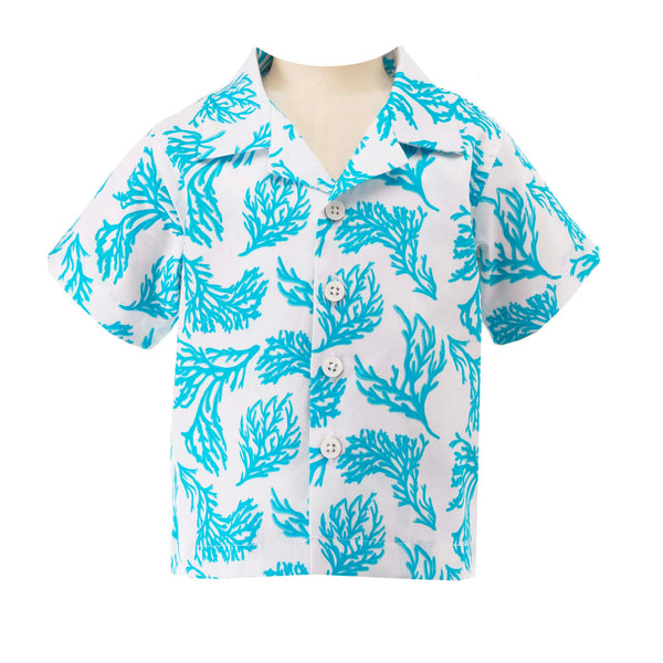 Baby boy soft cotton ivory shirt with aqua coral print.