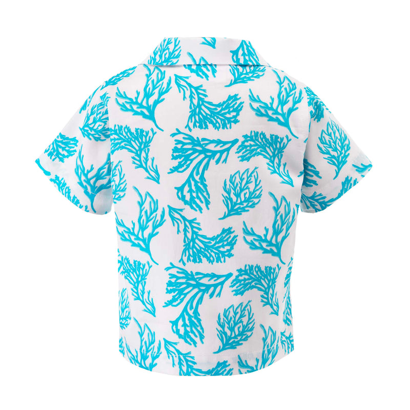Baby boy soft cotton ivory shirt with aqua coral print.