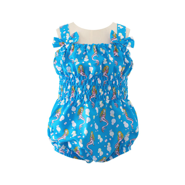 Baby girl blue bubble swimsuit with mermaid print, with adjustable straps with bow detail.