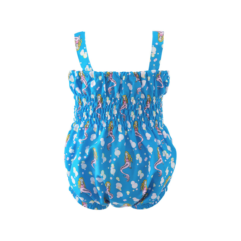 Baby girl blue bubble swimsuit with mermaid print, with adjustable straps with bow detail.